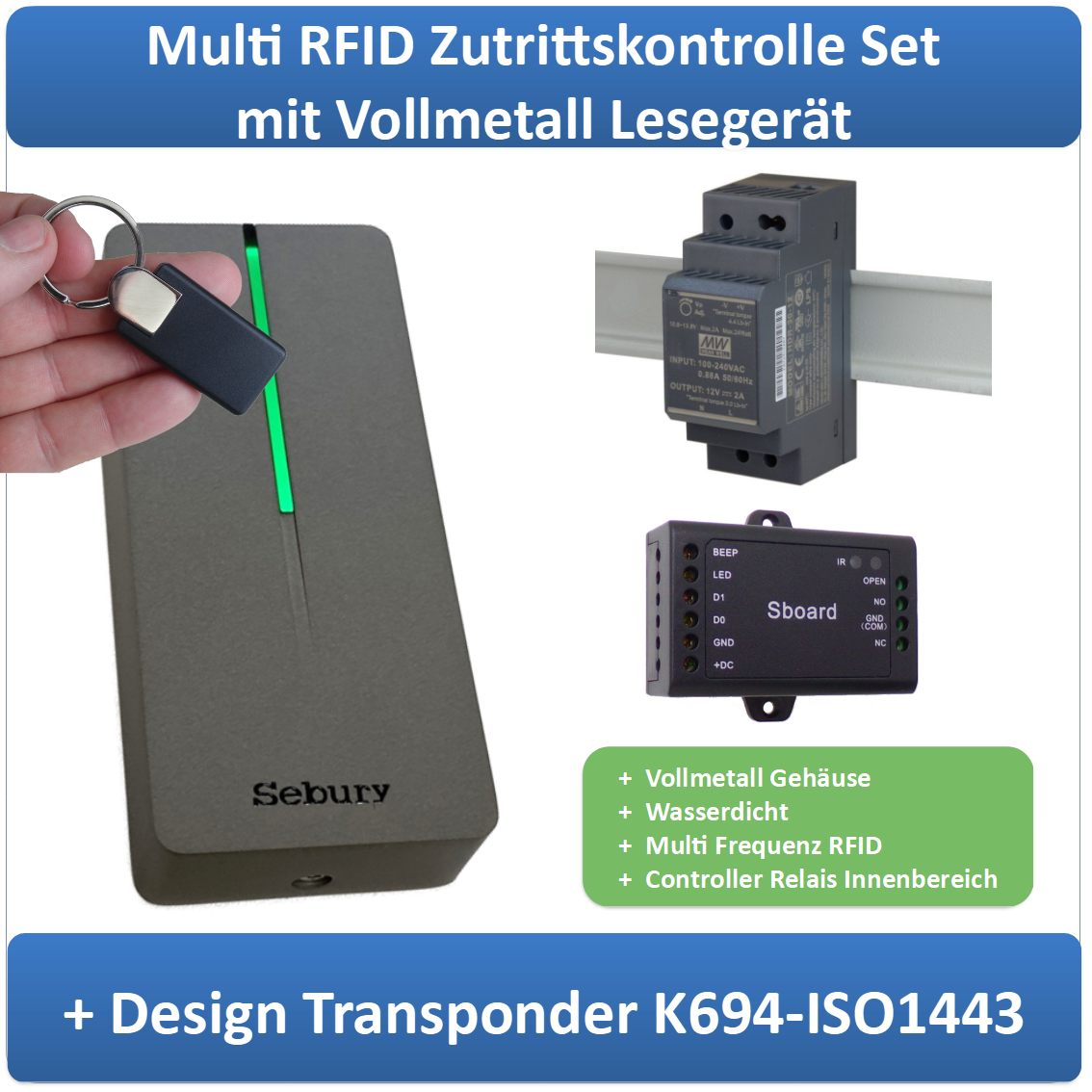 RFID-Multi-Frequenz-Zutrittskontrolle-mReader-set Multi Frequenz RFID Zutrittskontrolle für Desfire Transponder mit Leser im Vollmetall Gehäuse