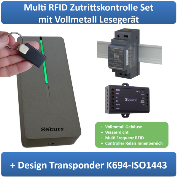 Multi Frequenz RFID Zutrittskontrolle für Desfire Transponder mit Leser im Vollmetall Gehäuse